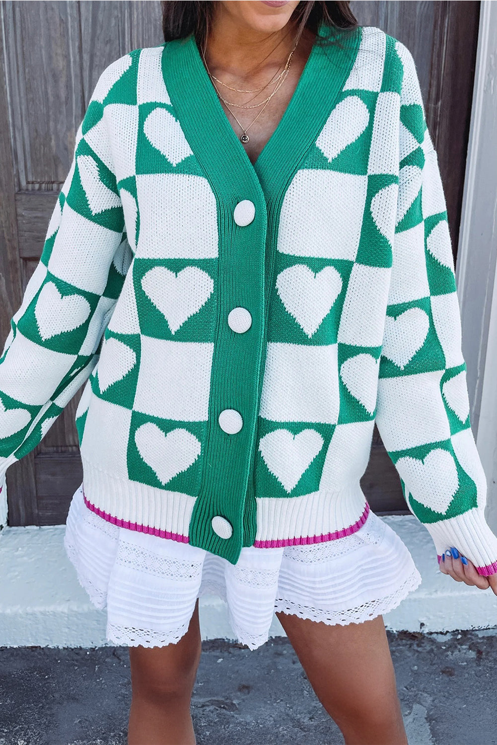 Sea Green Plaid Heart Knit V Neck Button Down Sweater Cardigan Cardigans 5e3a0b27622526ef