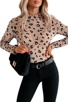 Khaki Mock Neck Sheer Mesh Leopard Long Sleeve Bodysuit Bodysuit 5e7968a286b69d7a