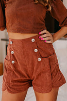 Clay Button Decor Scalloped Edge High Waist Corduroy Shorts Shorts 5e7f614c02a4749d