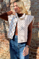 Khaki Plaid Stand Neck Button Down Vest Coats 5e844a1e7c9cf374