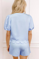 Beau Blue Puff Sleeve Pearl Embellished Scallop Hem 2-Piece Shorts Set Two Piece Shorts Sets 5e85439085aef3df