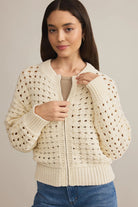 Beige Hollowed Pattern Knit Zip Up Drop Shoulder Cardigan Cardigans 5e8838997ccc15ba