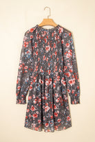 Brown Frilly Smocked Bodice Floral Mesh Long Sleeve Mini Dress Short Dresses 5e8f5060ecc15ef2