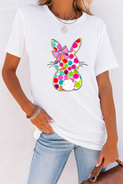 White Polka Dot Bow Rabbit Heat Transfer Printing Graphic Crewneck Easter Tee Graphic Tees 5e91733dd2f13a71