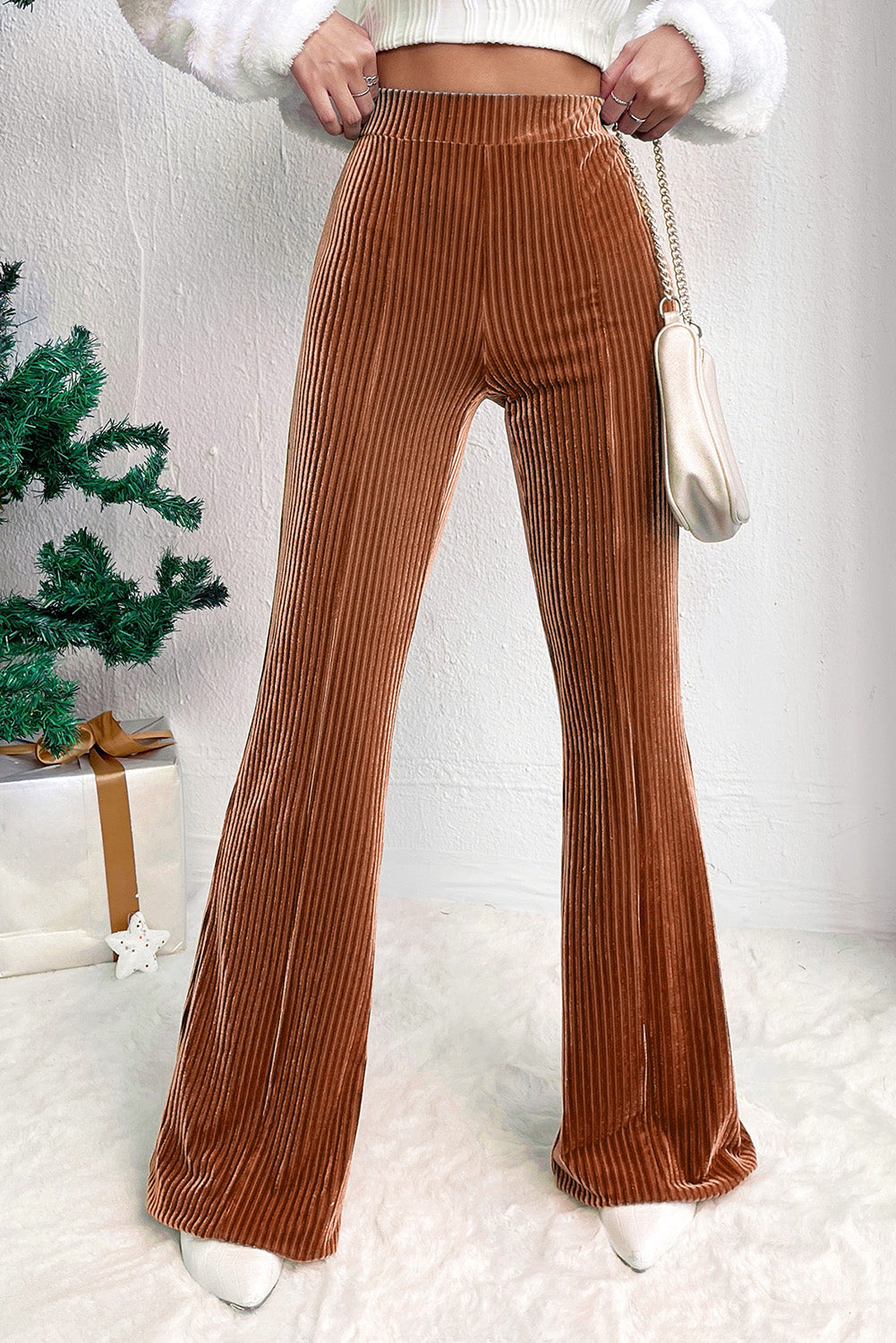 Chestnut Solid Color High Waist Corduroy Flare Pants Pants 5e9cd21cd4c944df