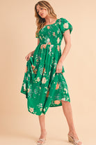 Green Floral Print Bubble Sleeve Smocked Tiered Midi Dress Midi Dresses 5ec999ee62ce6def