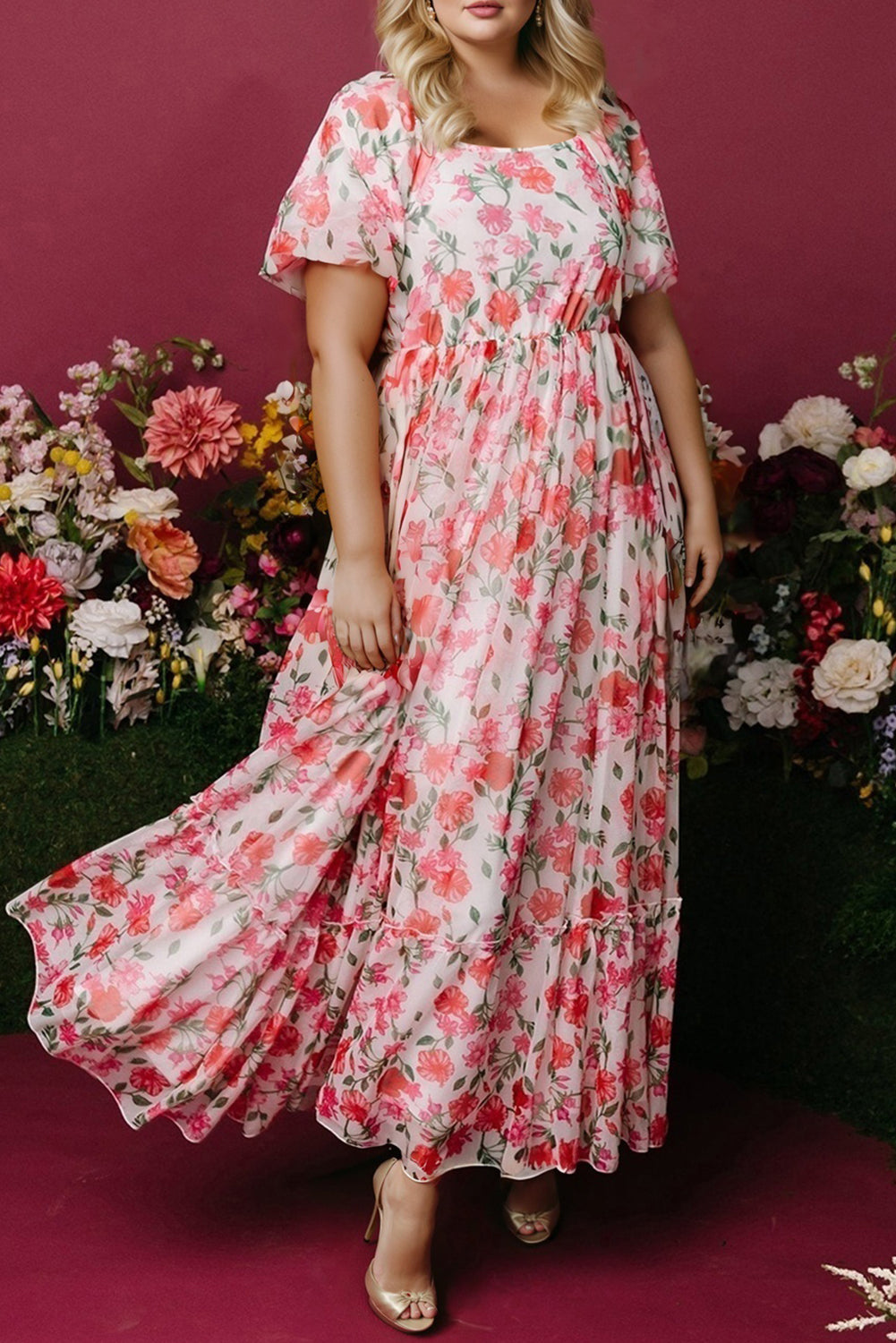 Pink Plus Size Floral Square Neck Puff Sleeve Ruffle Maxi Dress Plus Size Dresses 5eef8e7a5d978aa2