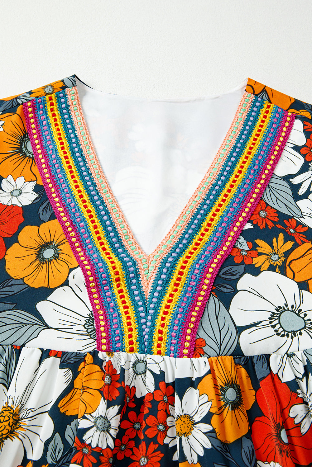 Orange Floral Print Striped Lace V Neck Long Sleeve Mini Dress Short Dresses 5ef9a0bc8712bee8