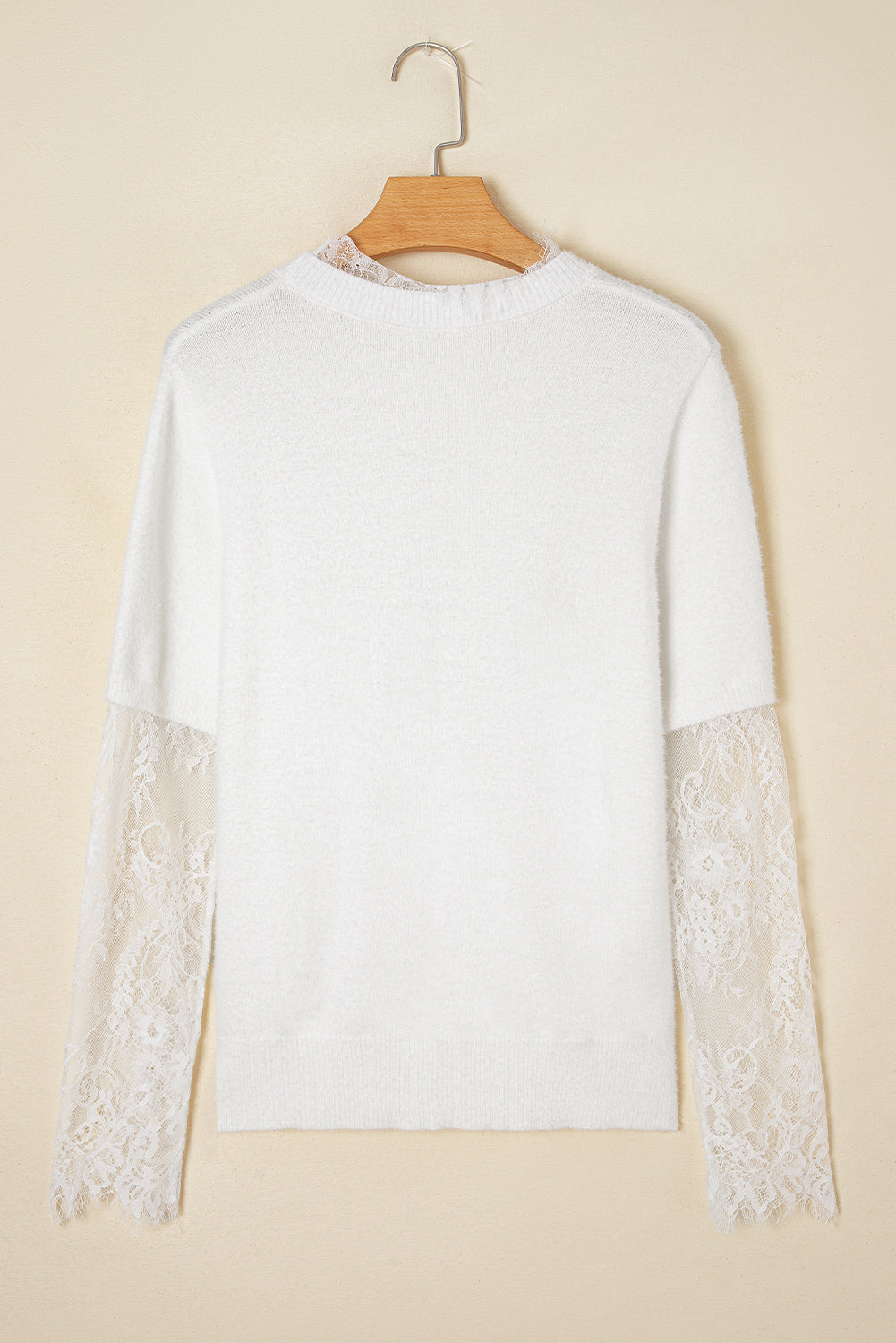 Beige Lace Sleeve Patchwork Faux Two-piece Fuzzy Sweater Sweaters 5ef9d26649f59485