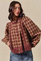 Red Dahlia Plaid Lace Hem Button Down Shirt Long Sleeve Tops 5f00ea570a994d70