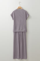 Bright Pink Solid Corded Short Sleeve T Shirt and Wide Leg Pants Set Two Piece Pants Sets 5f1ad63847c538cb