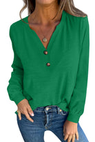 Mist Green Casual Button V Neck Long Sleeve T-Shirt Long Sleeve Tops 5f253b009d8e172a
