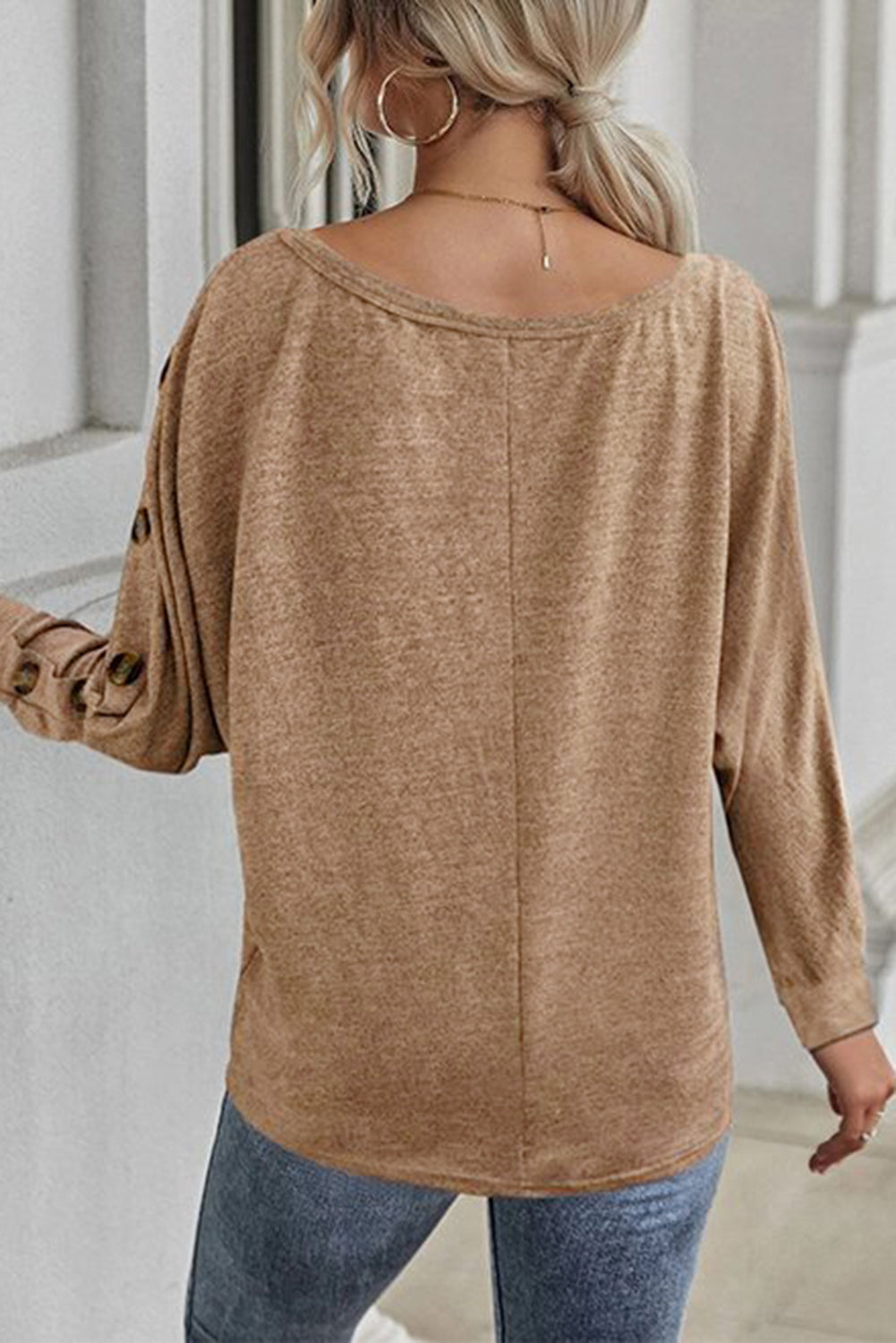 Khaki Solid Color Button Decor Dolman Sleeve Top Long Sleeve Tops 5f61904cf15abf76