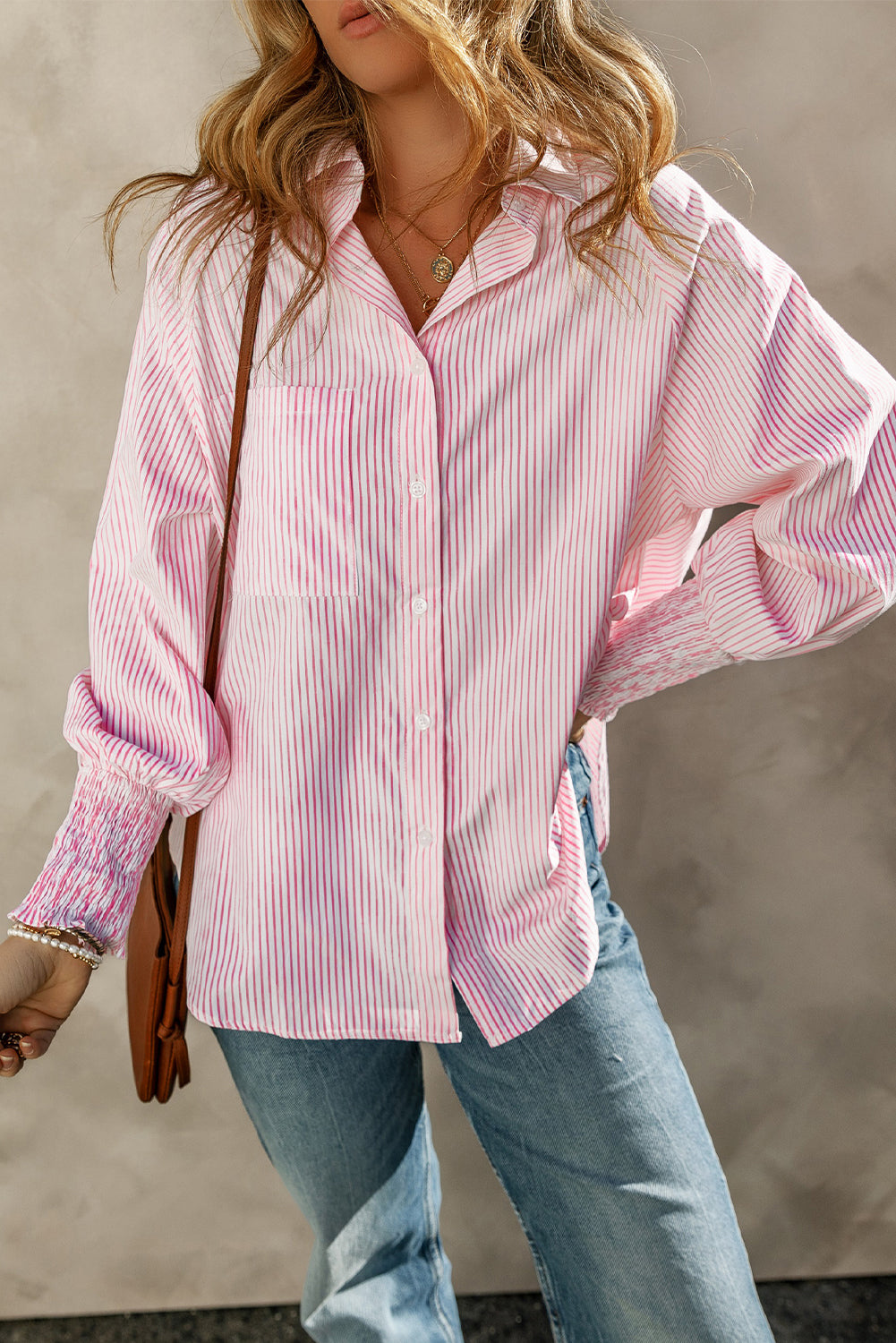 Bonbon Shirred Cuffs Collared Raglan Sleeve Relaxed Shirt Blouses & Shirts 5f6a9c212a90f619