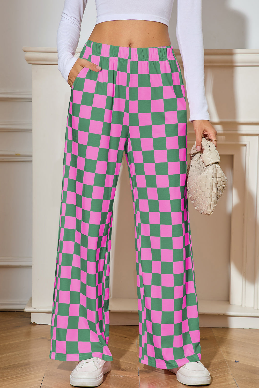 Green Checkered Print High Waist Wide Leg Pants Pants 5f70f4e91d29dbf3
