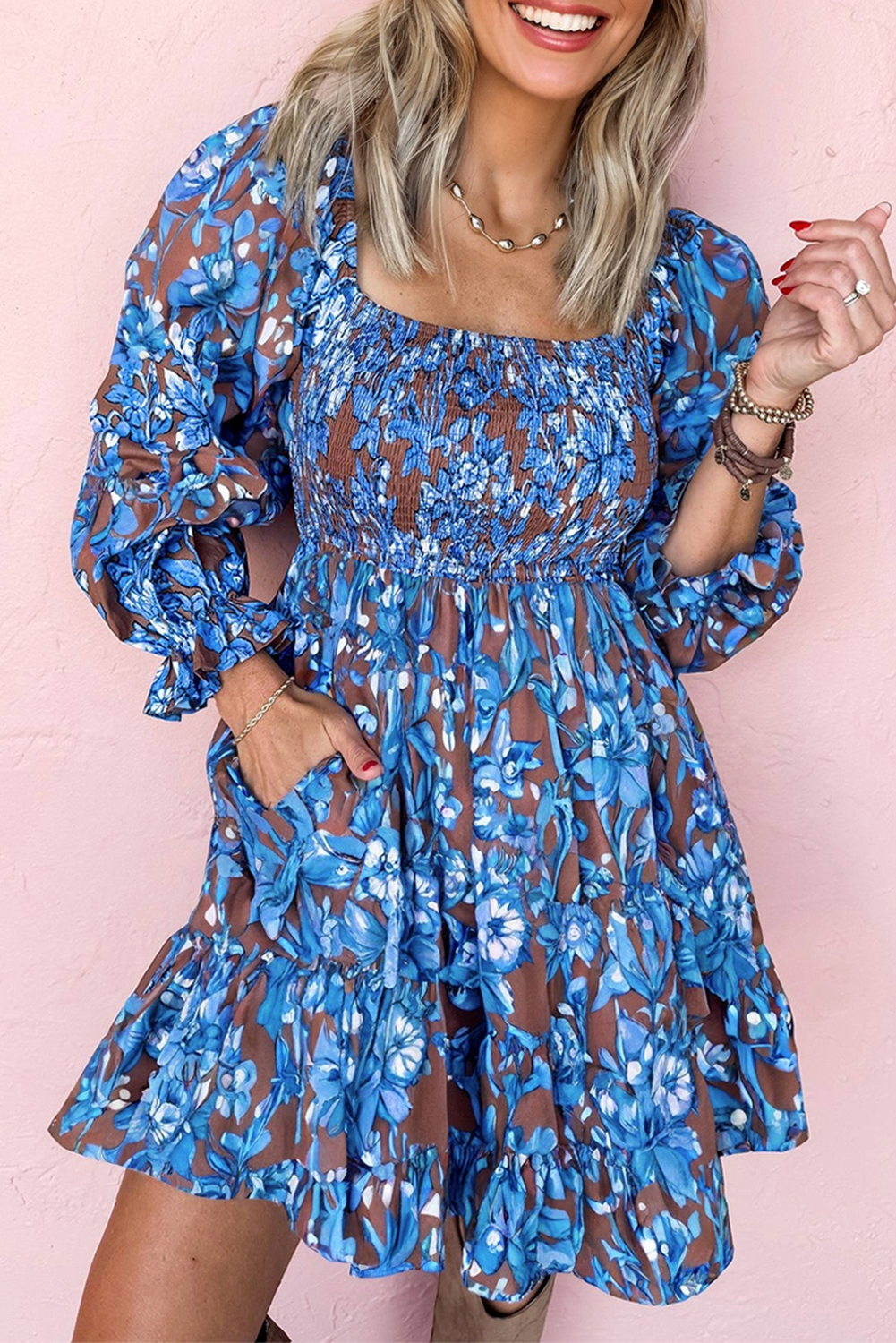Blue Smocked Bodice High Waist Ruffled Sleeve Floral Dress Short Dresses 5f78d1b3319f4aa8