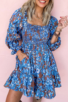 Blue Smocked Bodice High Waist Ruffled Sleeve Floral Dress Short Dresses 5f78d1b3319f4aa8