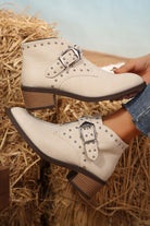 White Faux Leather Studded Pointed Toe Block Heel Ankle Boots Boots 5f7f86fefc497967