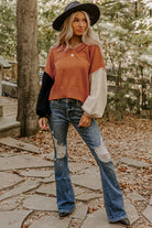 Desert Gold Colorblock Raw Edge Bubble Sleeve V Neck Sweater Sweaters 5f87a79d2d53a6b5