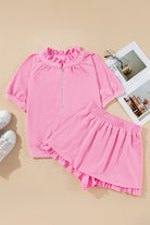 Pink Half Zip Puff Sleeve Top and Ruffle Shorts Set Two Piece Shorts Sets 5f94d433370b6935