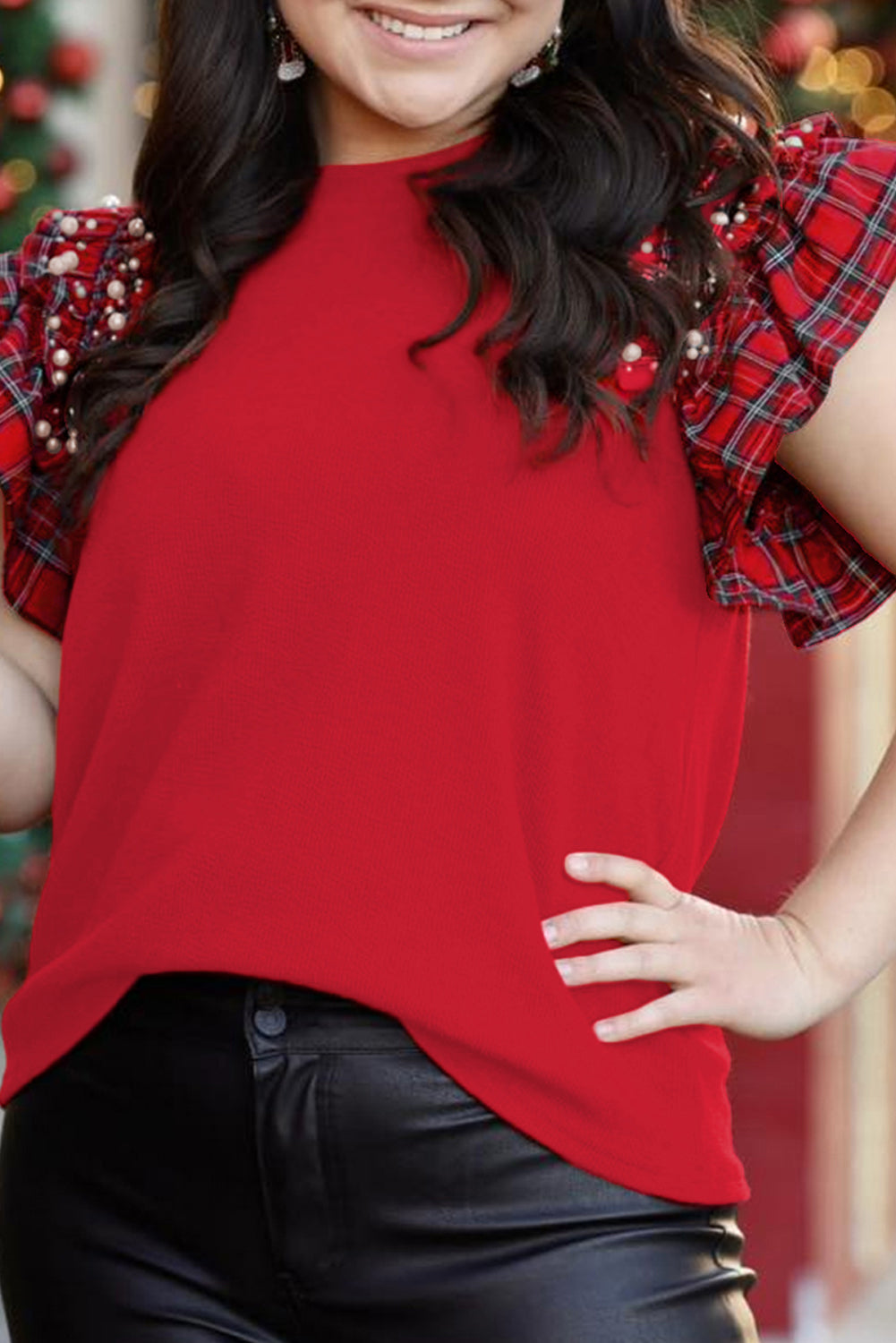 Racing Red Plaid Pearl Ruffled Sleeve Knitted Christmas Holiday Plus Size Top Plus Size Tops 5fbe50af8ef82784