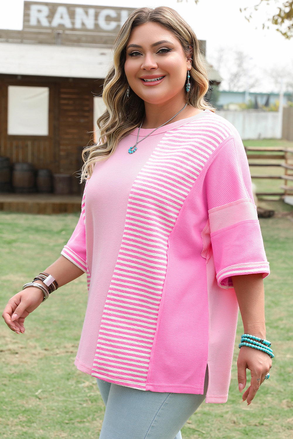 Pink Stripe Waffle Patchwork Plus Size T-Shirt Plus Size Tops 5fe035d3574bd362