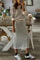 Black Stripe Ribbed Trim Button Cuff Top and Midi Skirt Outfit Two Piece Skirt Sets 5fea953eea5c03a8