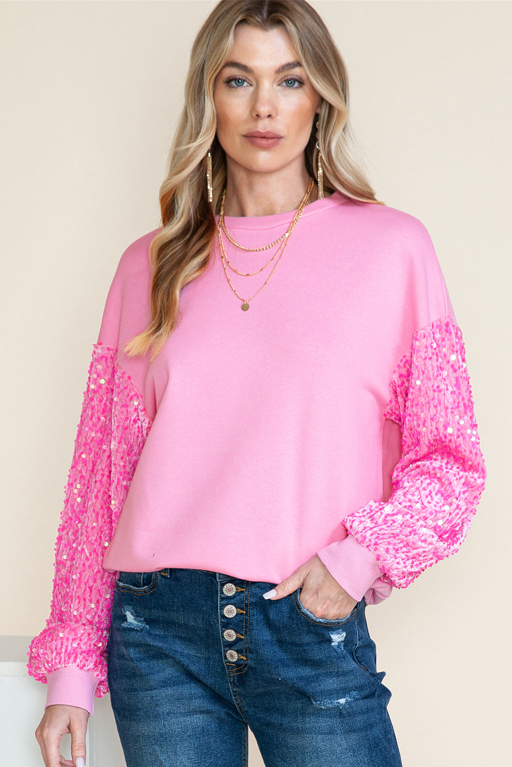 Pink Sequin Patchwork Long Sleeve Pullover Top Long Sleeve Tops 600d9692f31b7534