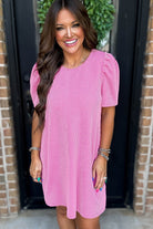 Blossom Corded Crew Neck Puff Sleeve Mini Dress Short Dresses 6014469c0b698187