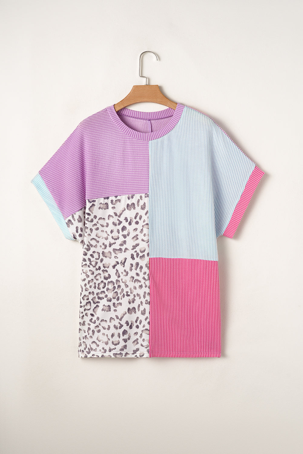 Rose Red Leopard Colorblock Patchwork Corded Plus Size T Shirt Plus Size Tops 602854827eb18bed