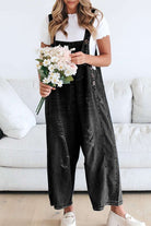 Black Distressed Bib Pocket Wide Leg Denim Overall Jumpsuits 6046455a21573a7f