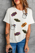 White Sequined Halloween Spirit Pattern Patched Custom Casual Tee Graphic Tees 60647e1f65a52195