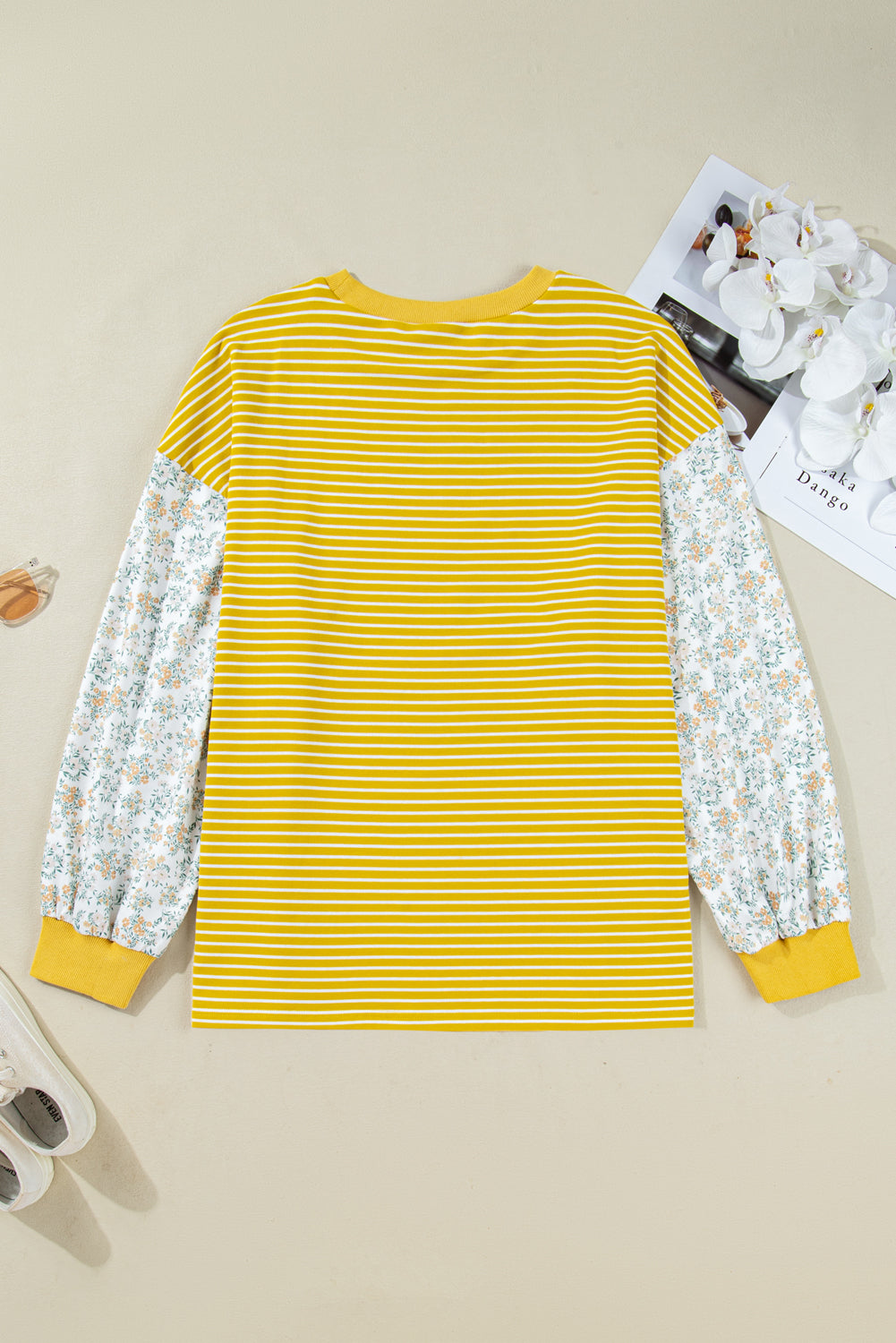 Yellow Striped Floral Patchwork Sleeve Plus Size Loose Top Plus Size Tops 606975062cb61725