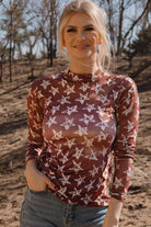 Red Star Print Mock Neck Slim Fit Top Long Sleeve Tops 60892eb4fbc5d0d1