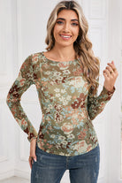 Green Floral Print Mesh Long Sleeve Top Long Sleeve Tops 608d5919edc7f811
