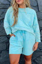 Aruba Blue Solid Color Pullover Top Plus Size Raw Hem Shorts Set Plus Size Matching Sets 60ae133dbab2d07e