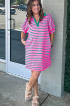 Rose Stripe Collared Puff Sleeve Pocket Plus Size Pop of Color Neckline Dress Plus Size Dresses 60b97e3473e25e74
