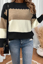 Black Colorblock Crew Neck Drop Shoulder Sweater Sweaters 60c97cfe886d1399