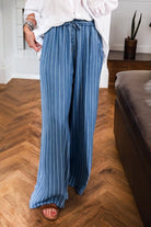 Sky Blue Stripe Chambray Wide Leg Tied Elastic Waist Trousers Pants 60df3be12345dd6a