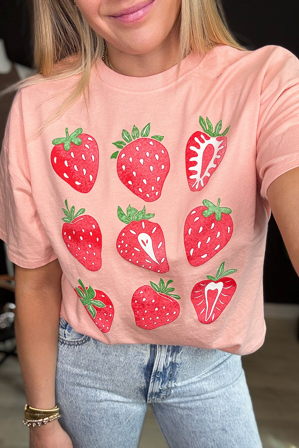 Pink Strawberry Fruit Pattern Heat Transfer Printing Graphic Tee Graphic Tees 60e19728f1937321