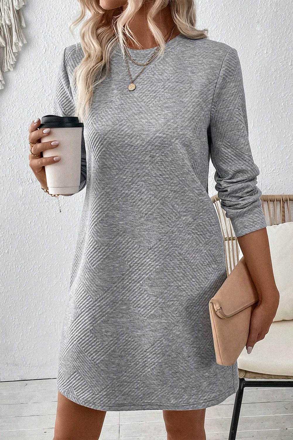 Gray Solid Color Textured Long Sleeve Shift Short Dress Short Dresses 60e5f6e2c2f3ad93