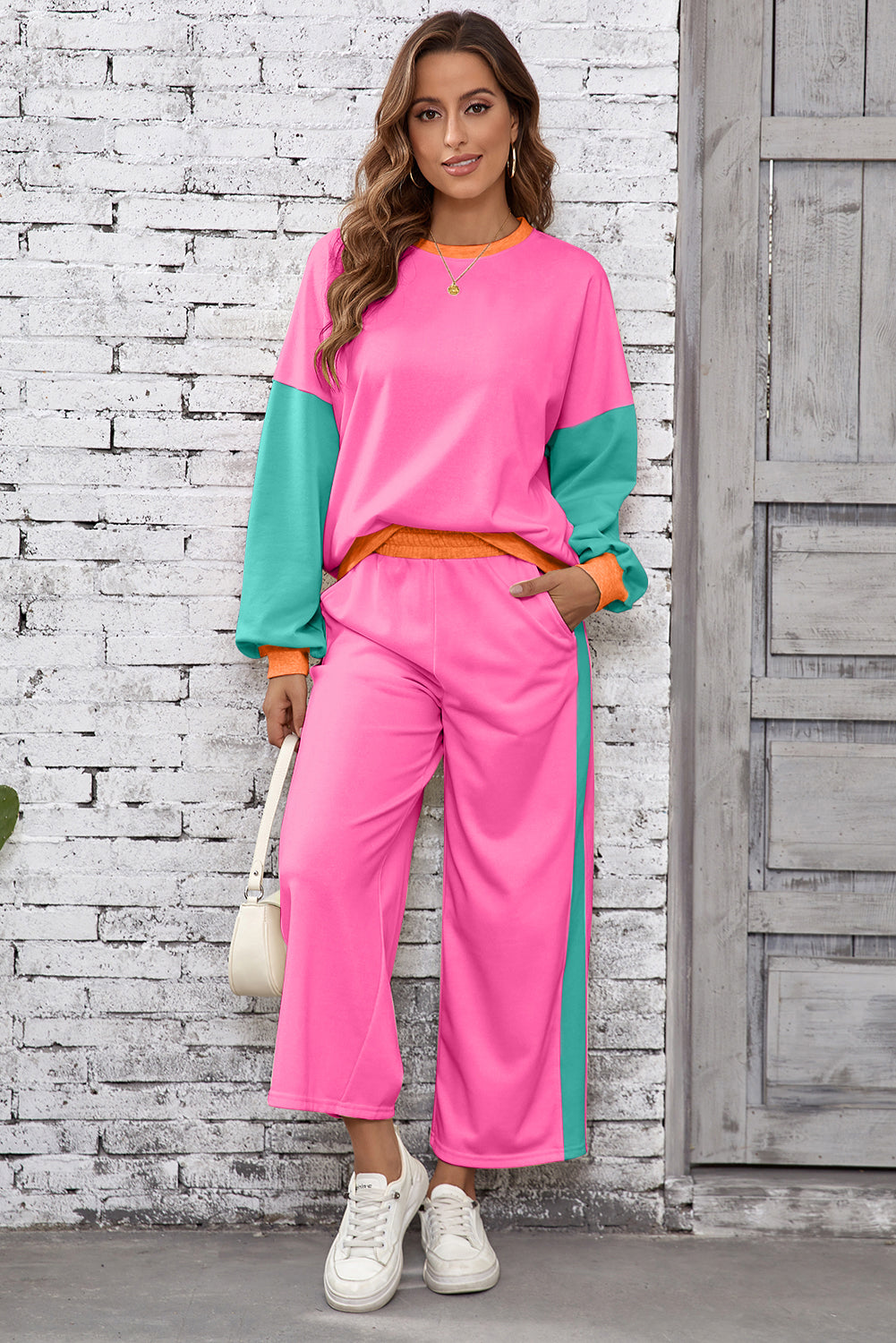 Rose Red Colorblock Patchwork Long Sleeve Top and Pants Set Two Piece Pants Sets 61131f53beaccd9b