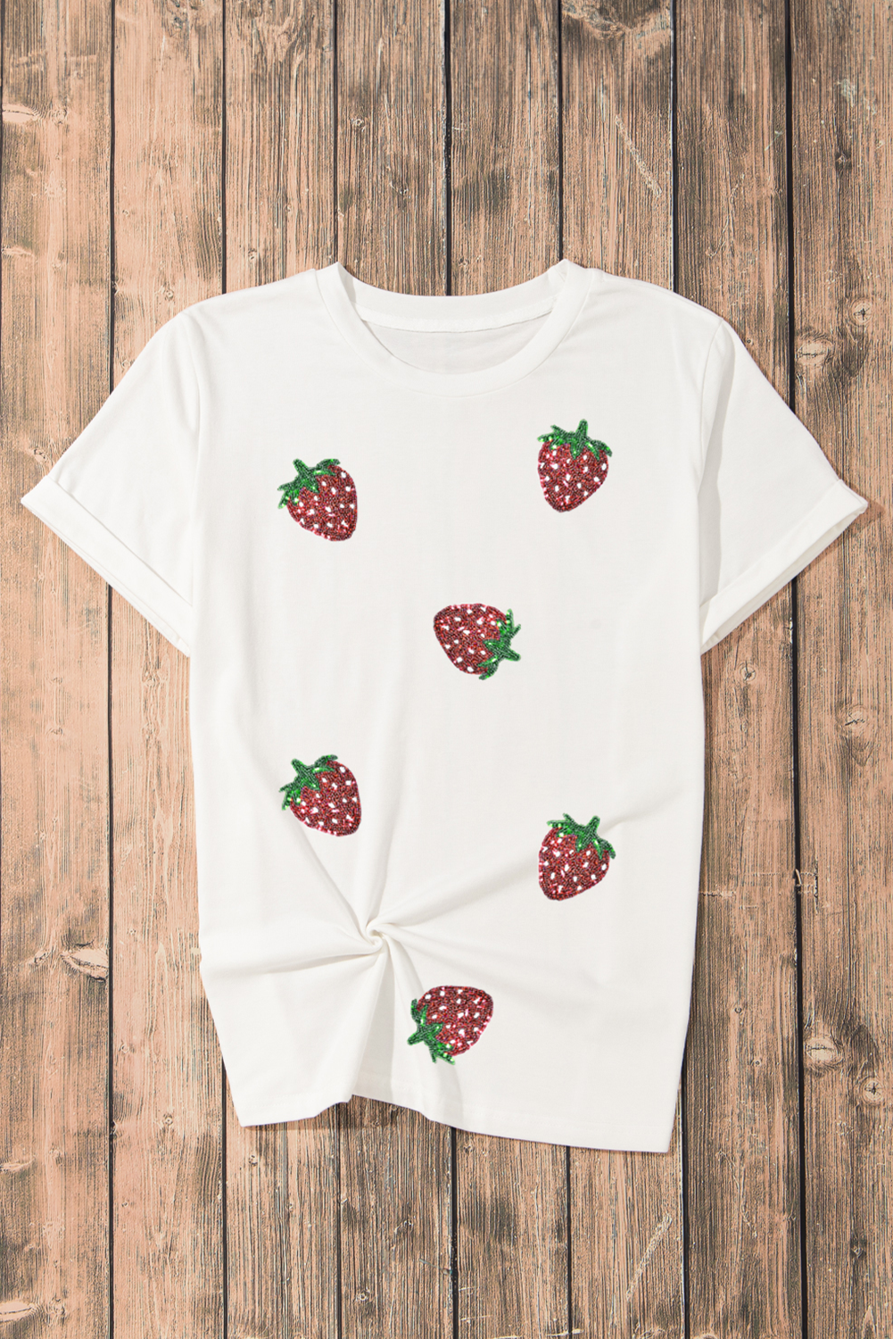White Sequin Strawberry Patched Crew Neck T Shirt Graphic Tees 61290a58280a32a9
