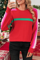 Fiery Red Colorblock Striped Long Sleeve Knit Sweater Sweaters 614d5b05fb66e55b