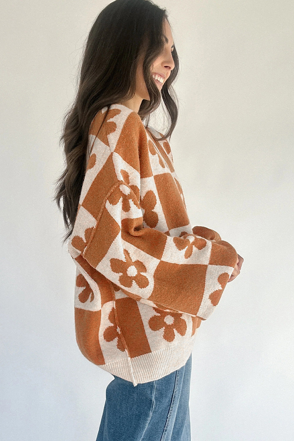 Black Flower Colorblock Checkered Henley Sweater Sweaters 6158be7cc5717403