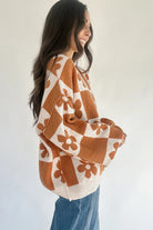 Black Flower Colorblock Checkered Henley Sweater Sweaters 6158be7cc5717403