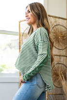 Khaki Stripe Patchwork Knit Drop Shoulder Top Long Sleeve Tops 61a2c28dba523ca9