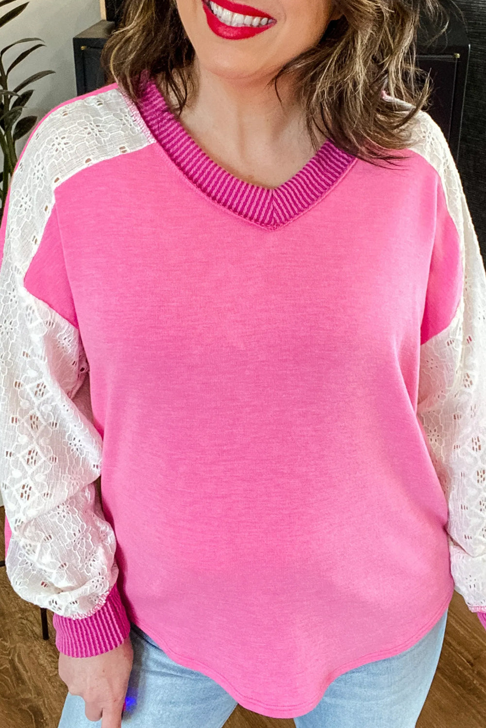 Bonbon Lace Patchwork Corded Trim Plus Size Long Sleeve Top Plus Size Tops 61b4e7cab42a8bf2