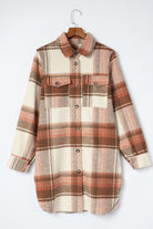 Brown Plaid Casual Button Up Long Shacket with Flap Pockets Jackets 61b971544c8752d3