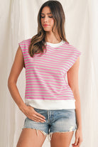 Sachet Pink Striped Contrast Trim Top T Shirts 61c52fce51fd41a5